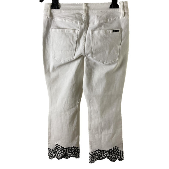 LOFT The Boot Crop Womens 8P White Pants Black Embroidered Hem High Rise Petite - Picture 2 of 10